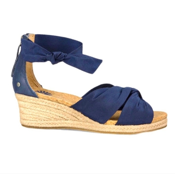 Ugg Starla Navy Blue Tie Wedge Navy Blue Ankle Espadrille Sandals Size 7 - Picture 1 of 12